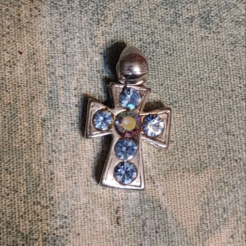 Silver plate Cross with blue and white stones No chain